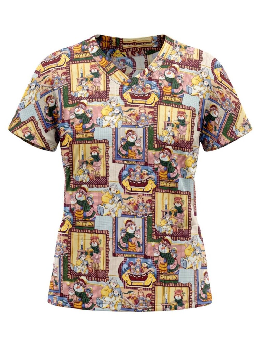 Women's Snowman & Family Holiday Print Scrub Top Short Sleeve V-Neck Size 3XL